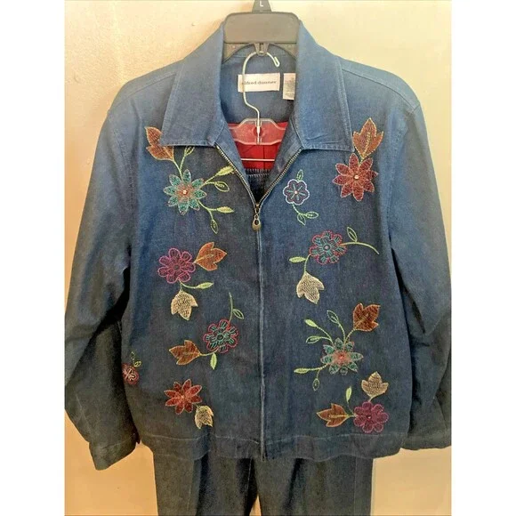 Alfred Dunner Denim Beaded Embroidered  Sz 12 Jacket & Pants Capri Set Outfit - Picture 2 of 13